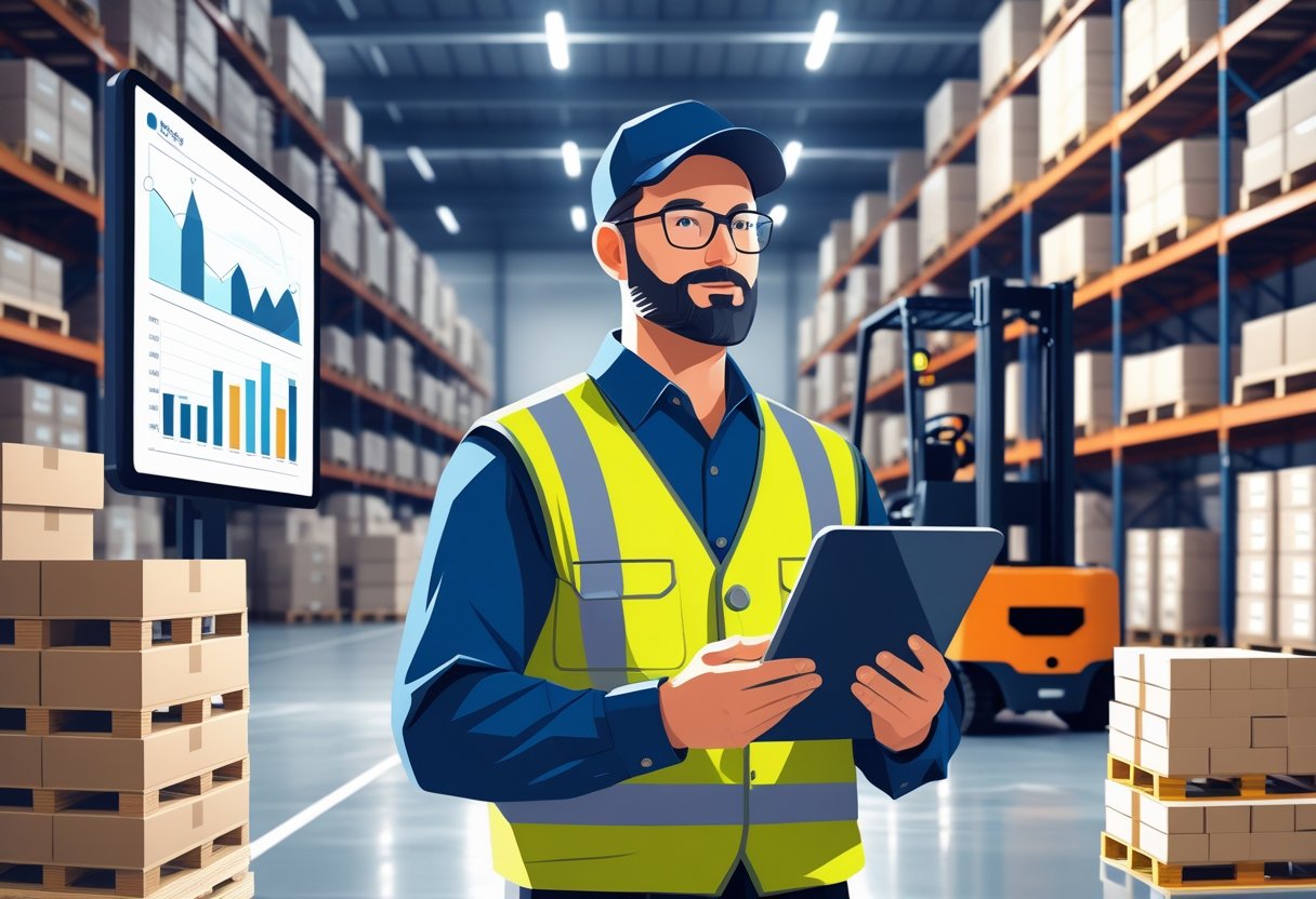 A warehouse supervisor standing in an organized warehouse holding a tablet with pallets and forklifts in the background.