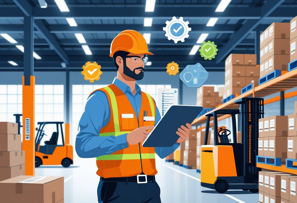 A warehouse supervisor wearing a safety vest and helmet reviews a digital tablet in a well-organized warehouse with stacked pallets, forklifts, and shelves filled with boxes.