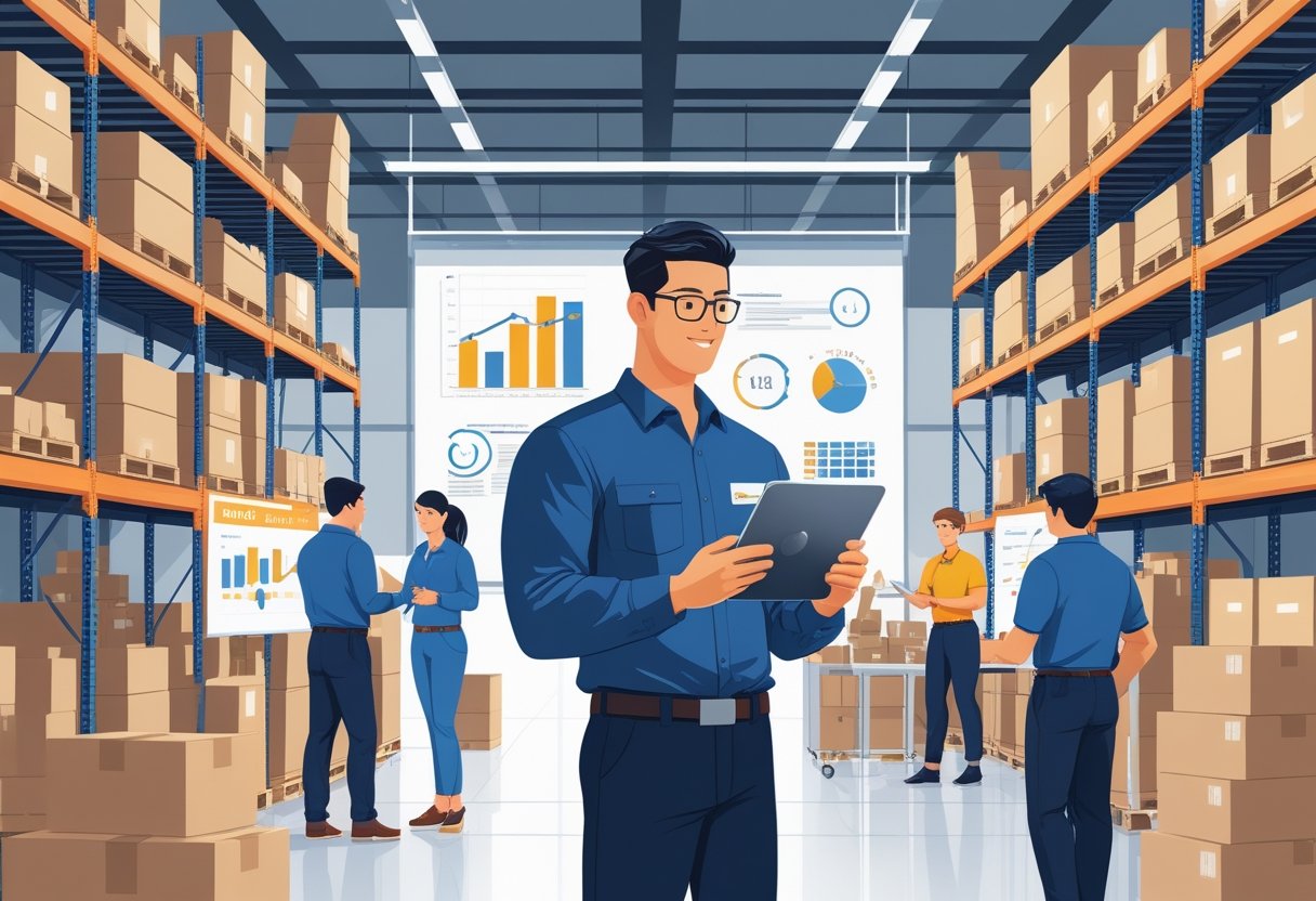A warehouse supervisor reviews a tablet while workers participate in training activities among organized shelves filled with boxes.