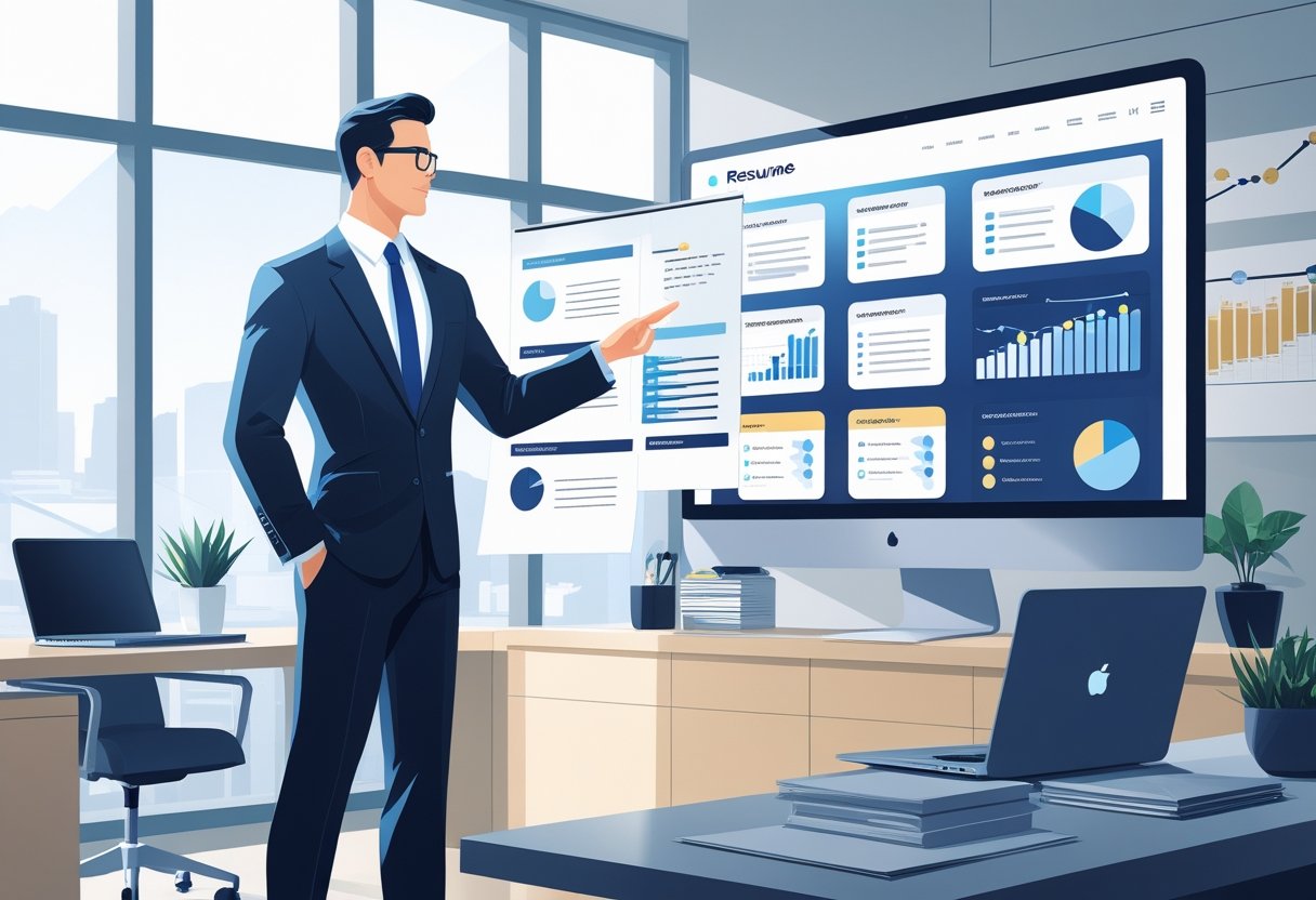 27 Director Resume Examples & Guide for 2025: Templates, Tips, and Expert Strategies 1 A business director reviewing multiple resume layouts on a digital screen in a modern office with a city view.