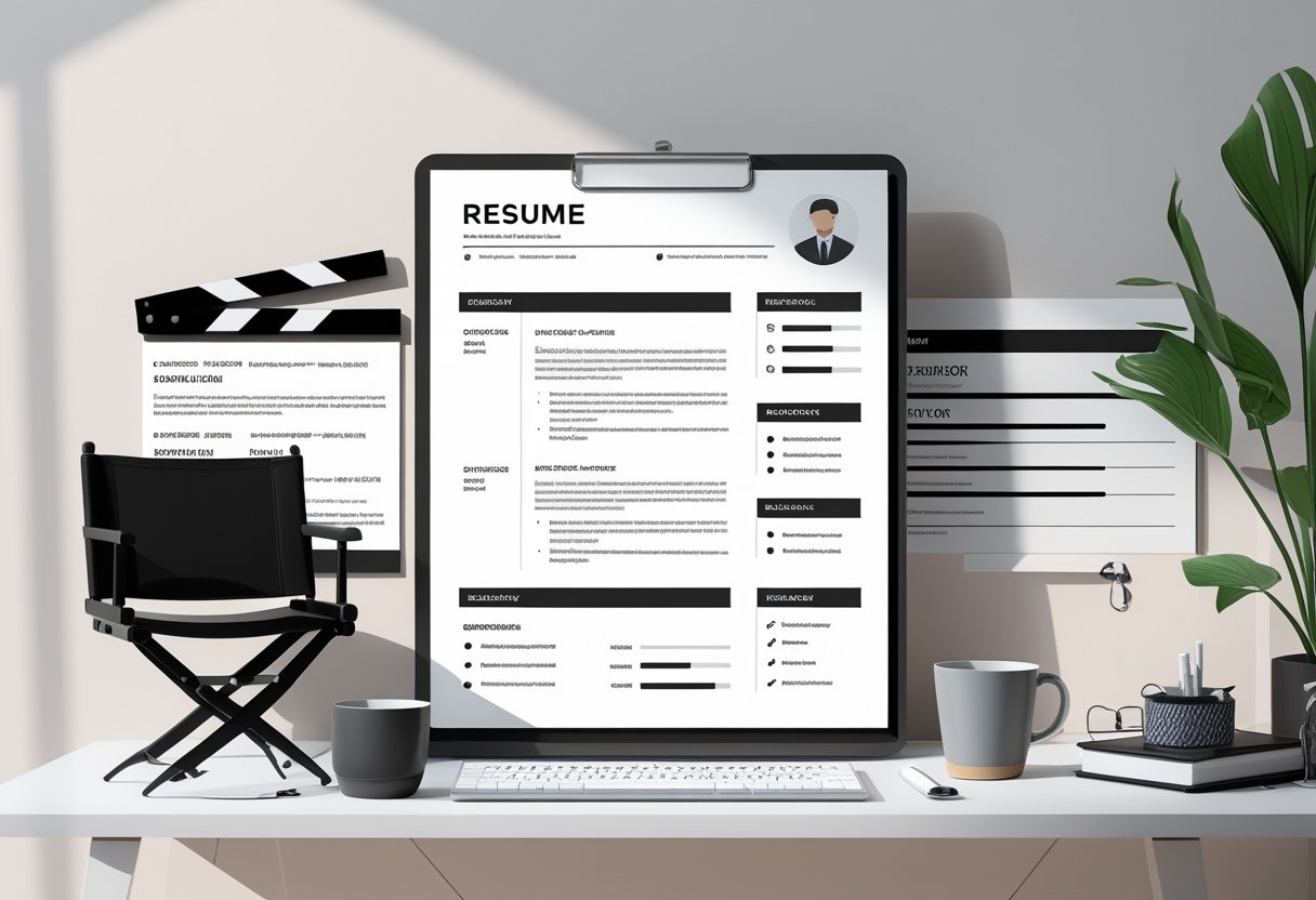 A neatly arranged desk with a resume document and items symbolizing leadership and management, including a director's chair and a laptop.