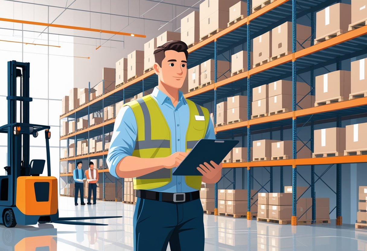 A warehouse supervisor overseeing workers and forklifts in a busy, organized warehouse filled with shelves and packages.
