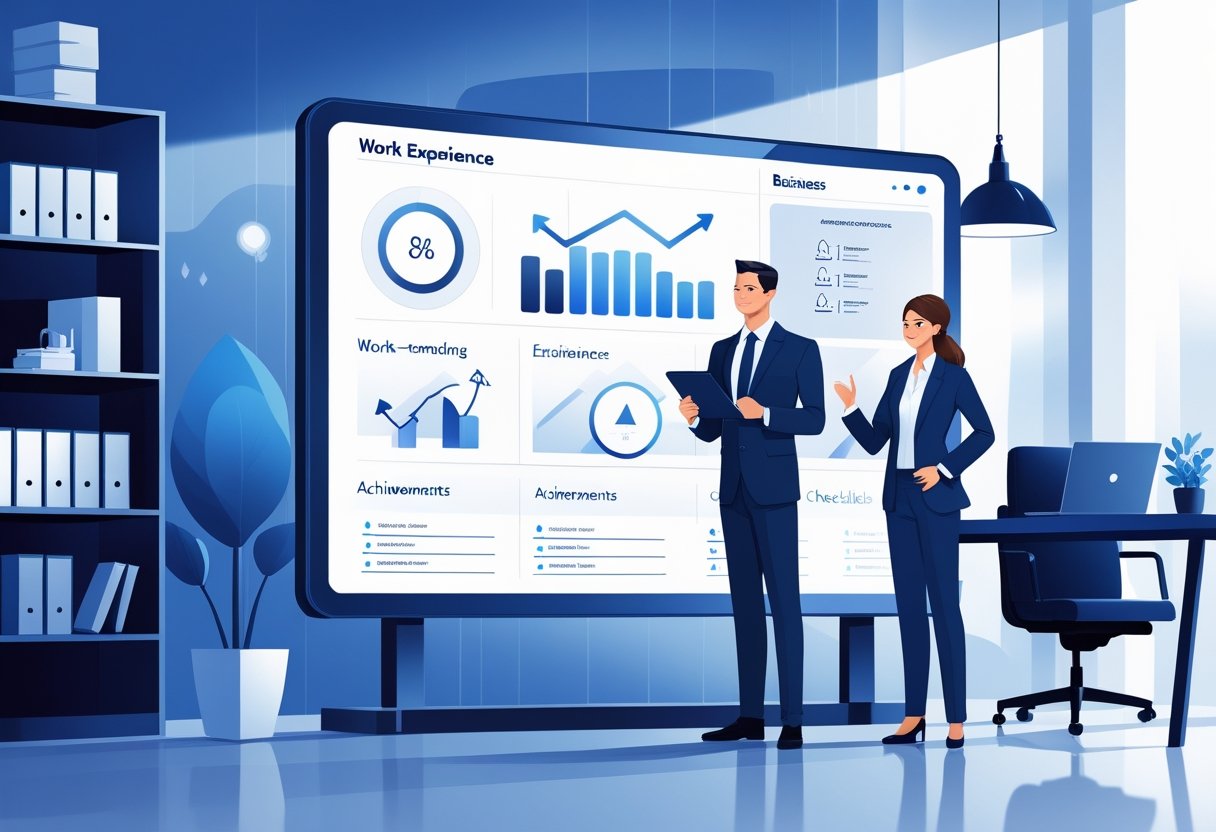 A business director in an office interacting with a digital display showing icons and graphics representing career achievements and work experience.