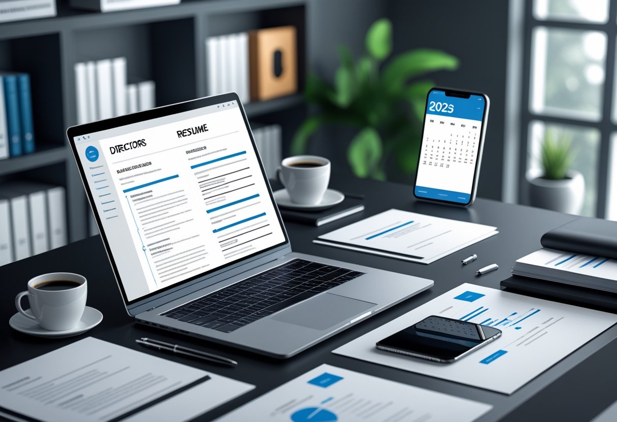 A modern workspace with a laptop showing a resume, documents, coffee cup, and a calendar highlighting the year 2025.