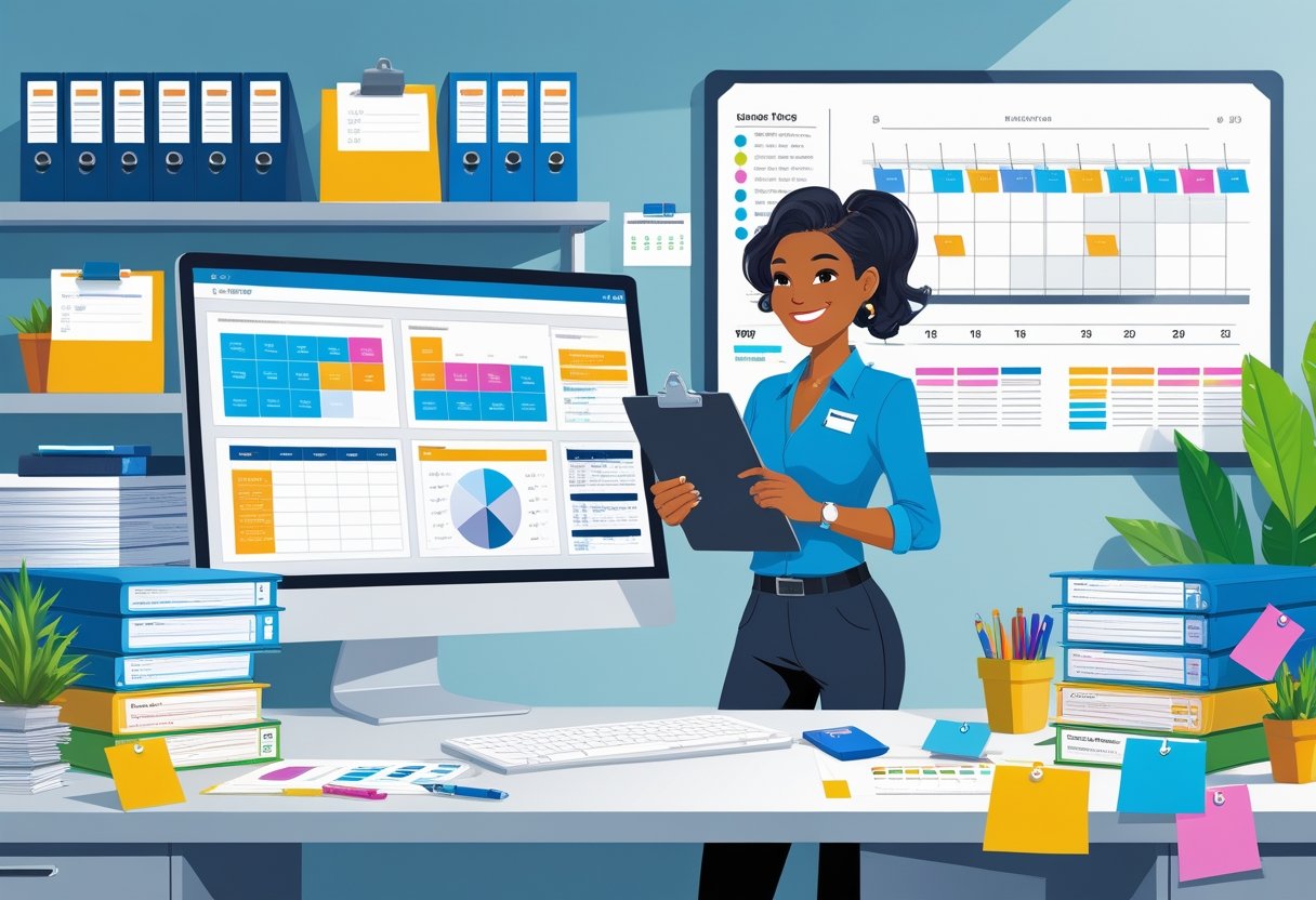 20 Event Coordinator Resume Examples - May 2025: Standout Templates and Tips for Your Next Job 1 An event coordinator working at a desk with a computer, documents, calendars, and a whiteboard in an office setting.