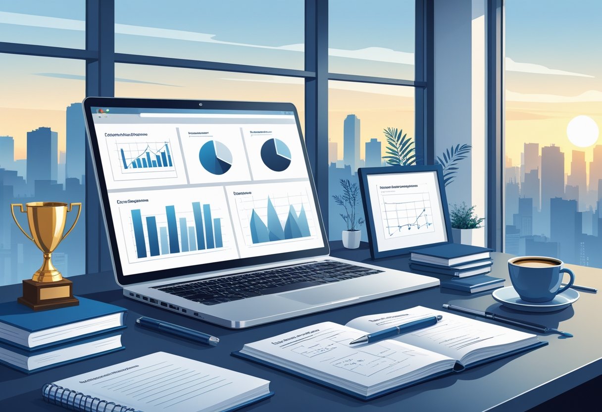 A modern office desk with a laptop, notebook, coffee cup, and leadership symbols, set against a city skyline at sunrise.