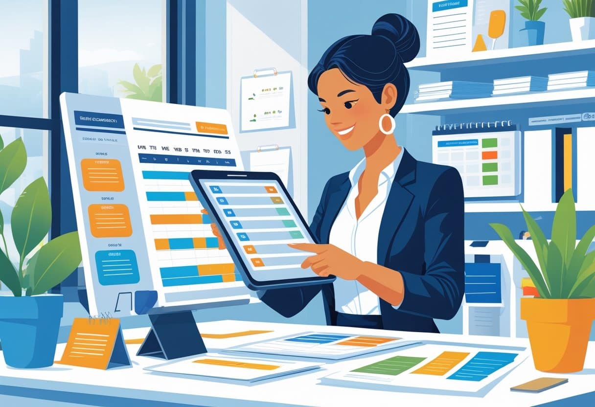 An event coordinator working in a bright office, reviewing a checklist on a tablet surrounded by calendars, schedules, and planning materials.