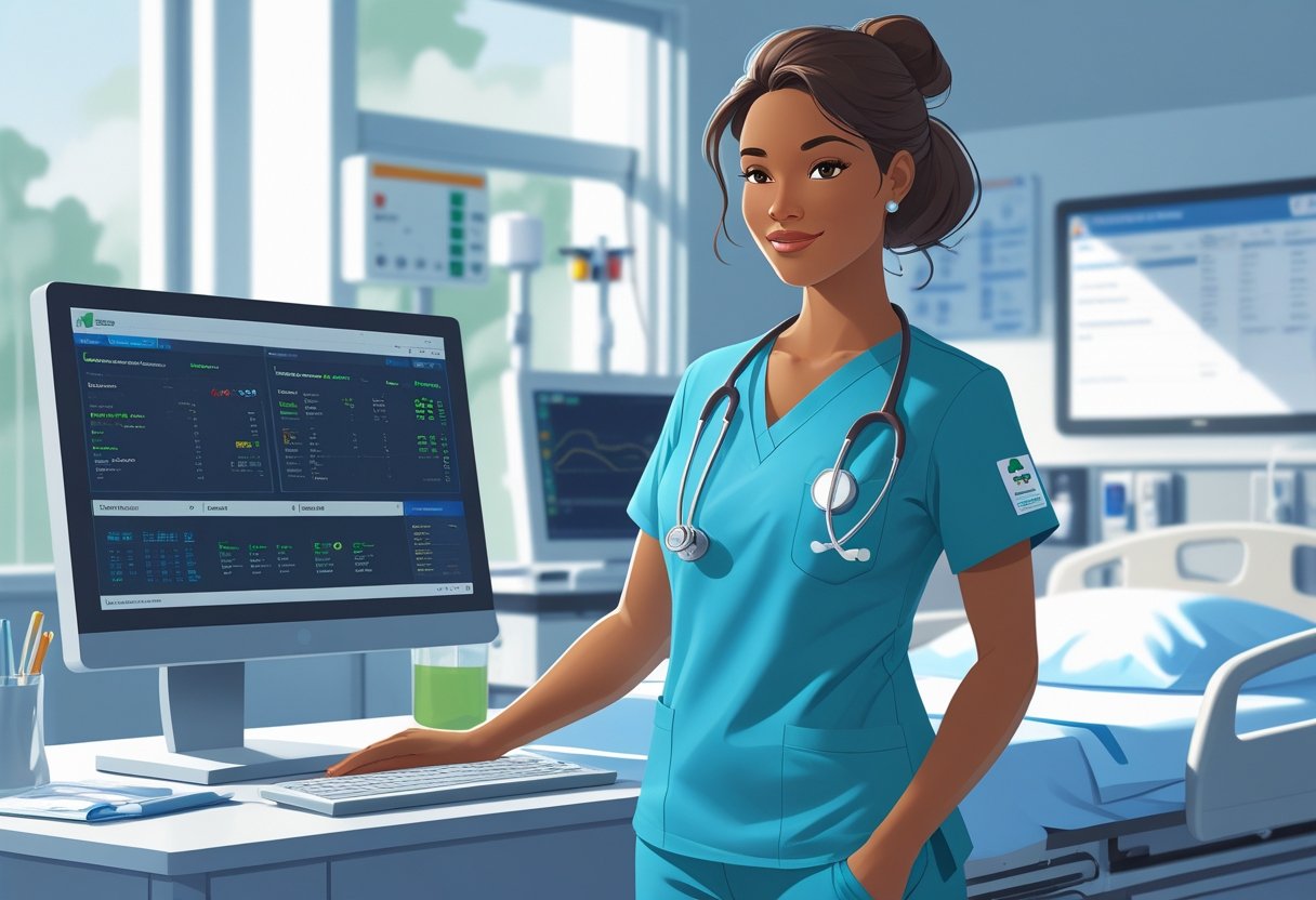 16 ER Nurse Resume Examples With 10/10 Score In 2025: Top Templates and Expert Tips 1 An emergency room nurse standing confidently next to a computer workstation in a hospital room with medical equipment in the background.
