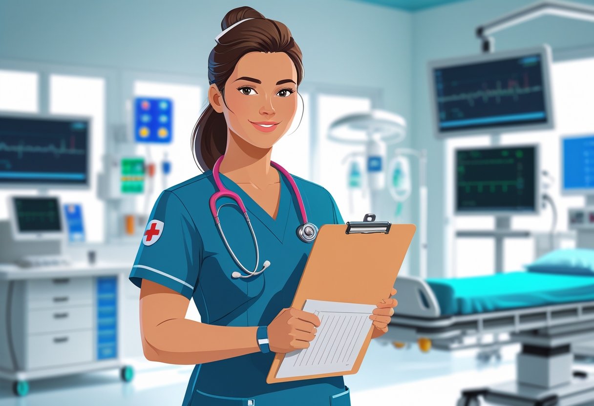An ER nurse in scrubs holding a clipboard stands confidently in a hospital room with medical equipment and monitors in the background.