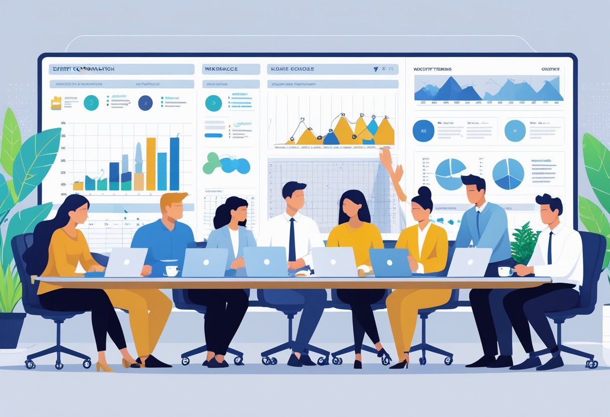 A group of people working together around a table with laptops, calendars, and charts in a bright office setting focused on event planning and professional growth.
