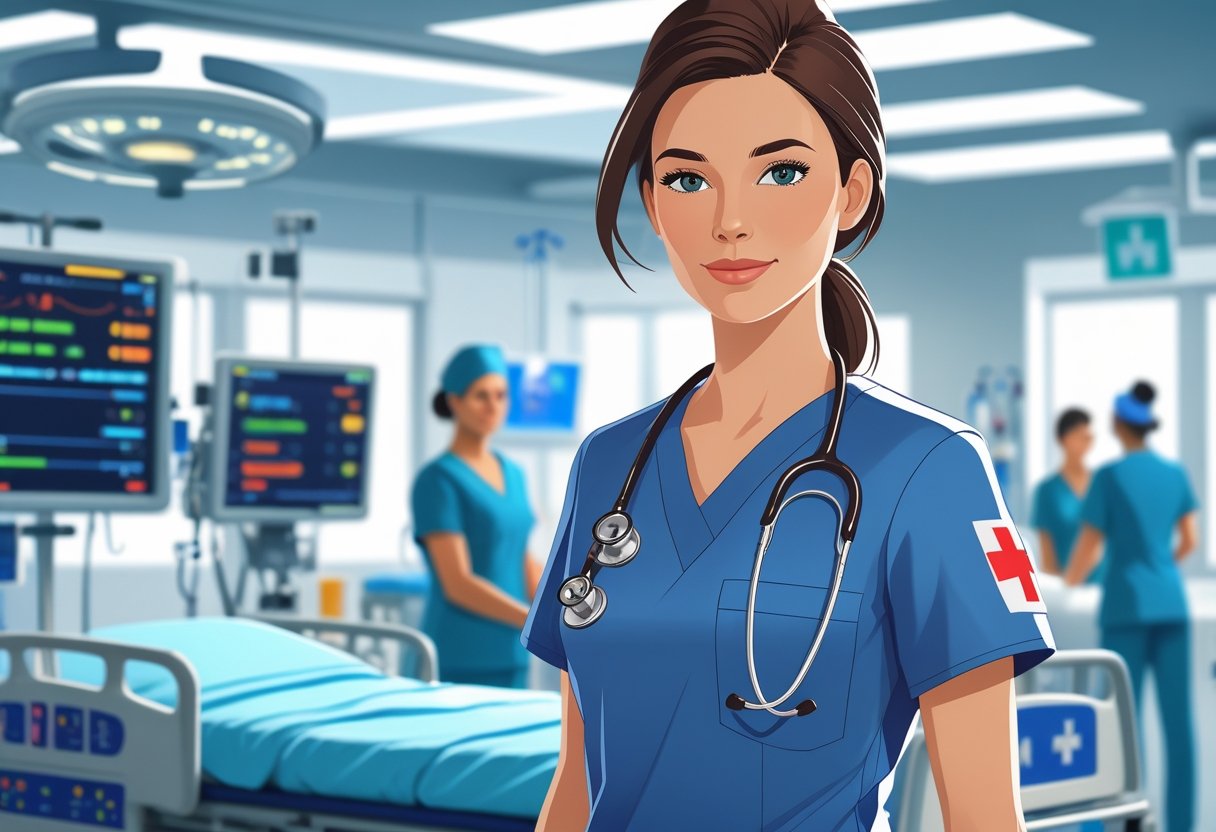 An emergency room nurse standing confidently next to a hospital bed with medical equipment in a busy hospital emergency room.