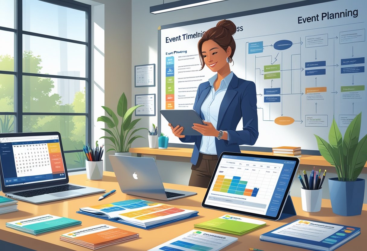 An event coordinator working at a desk with a laptop, tablet, and event planning materials in a bright, organized office.