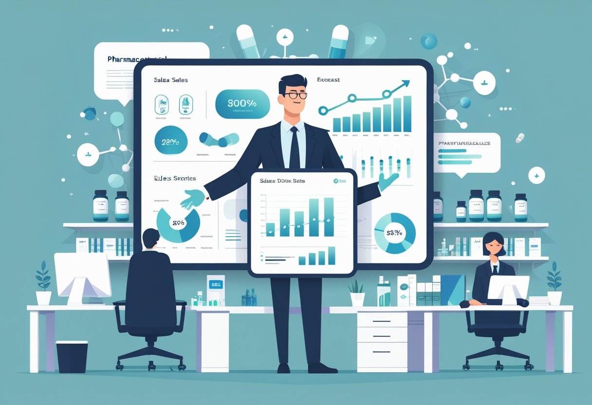 15 Pharmaceutical Sales Resume Examples & Guide for 2025: Proven Templates and Writing Tips 1 A businessperson presenting pharmaceutical sales data on a tablet in a modern office with medicine-related visuals in the background.