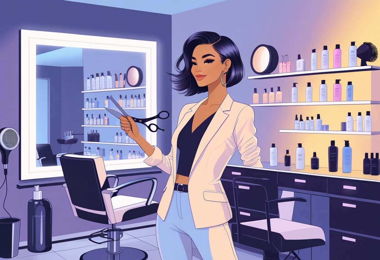 A hair stylist working in a modern salon with styling tools and hair care products around.
