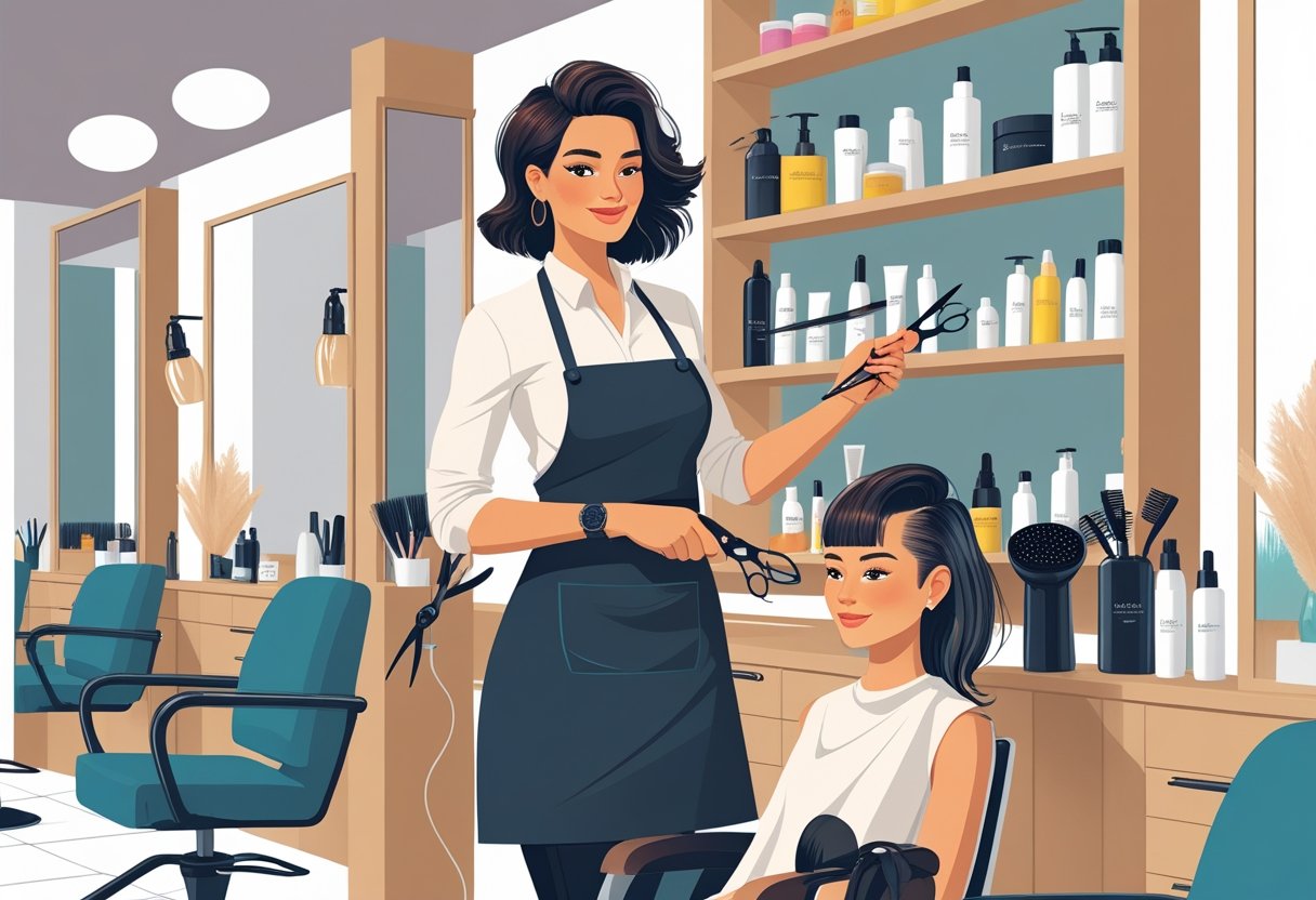 A hair stylist cutting a client's hair in a modern salon with shelves of hair products and styling tools in the background.