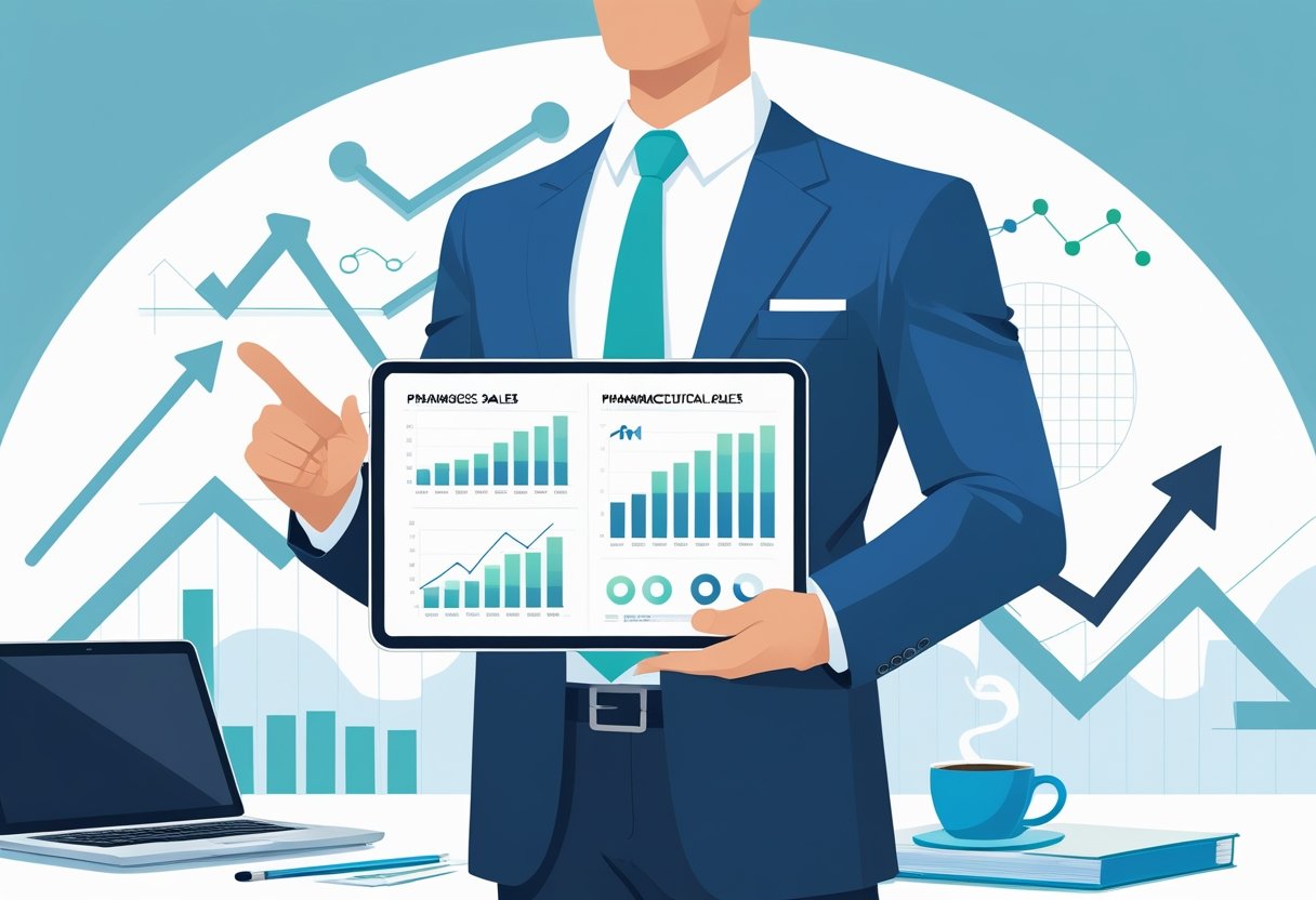A businessperson holding a tablet with charts, standing in a modern office surrounded by symbols of career growth and pharmaceutical elements.