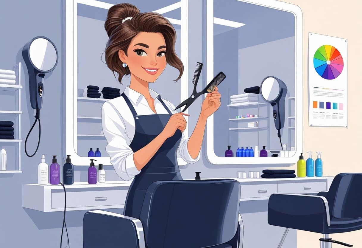 A hair stylist standing in a salon holding scissors and a comb next to a salon chair with styling tools and hair products in the background.