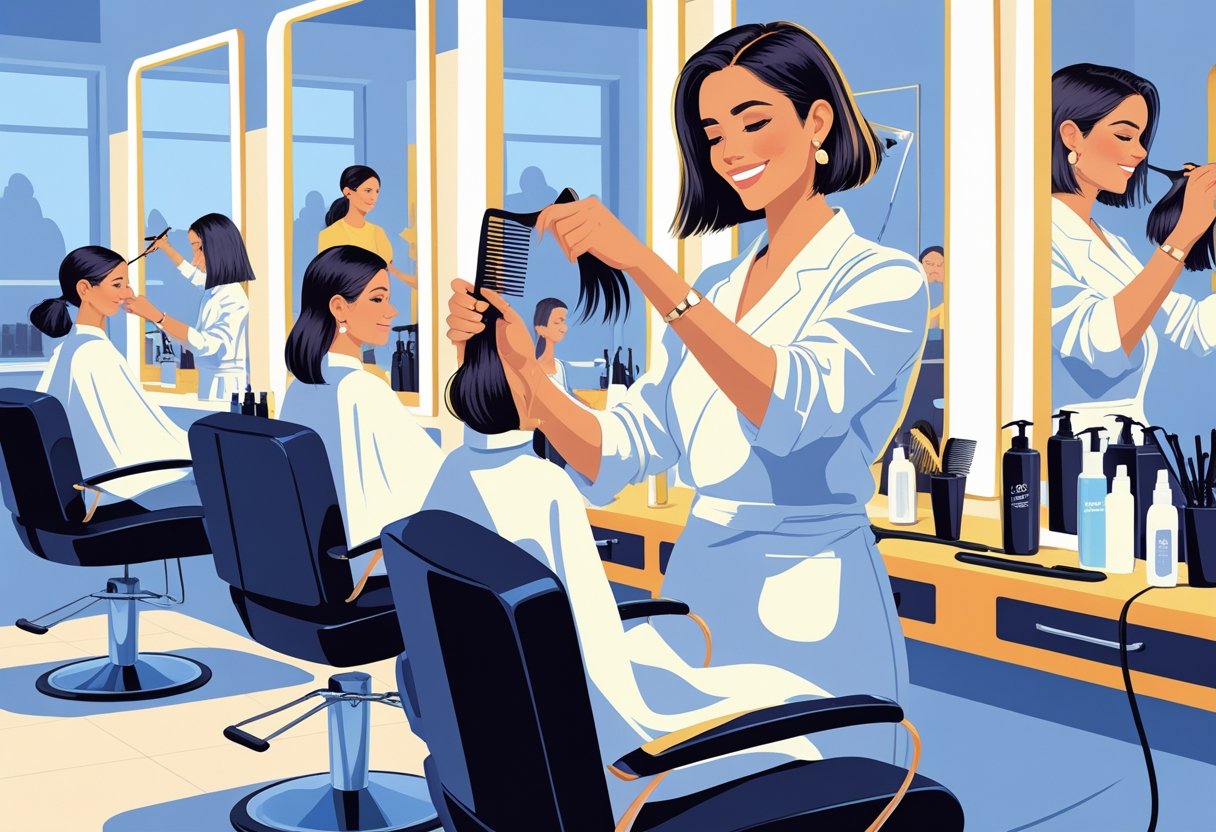 A hair stylist cutting a client's hair in a busy salon with other clients and stylists working in the background.