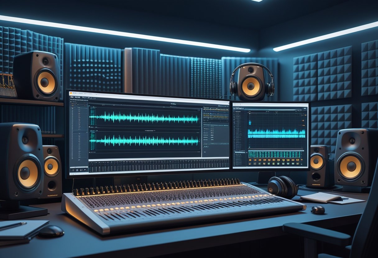 A modern audio engineer's workspace with mixing console, computer displaying audio waveforms, studio monitors, microphones, headphones, and soundproof panels in a well-organized room.
