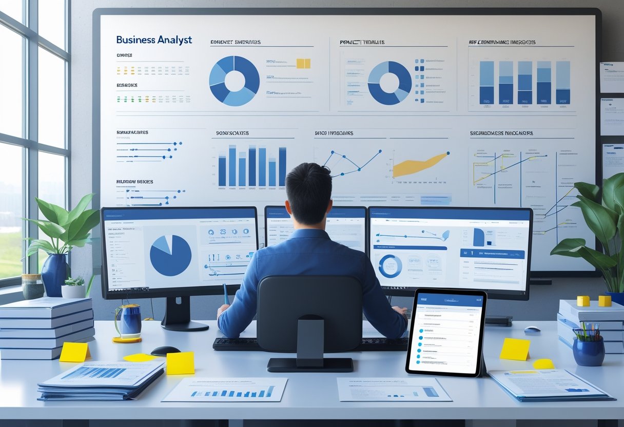 A business analyst working at a desk with multiple screens showing charts and data, surrounded by documents and a whiteboard with flowcharts in a bright office.