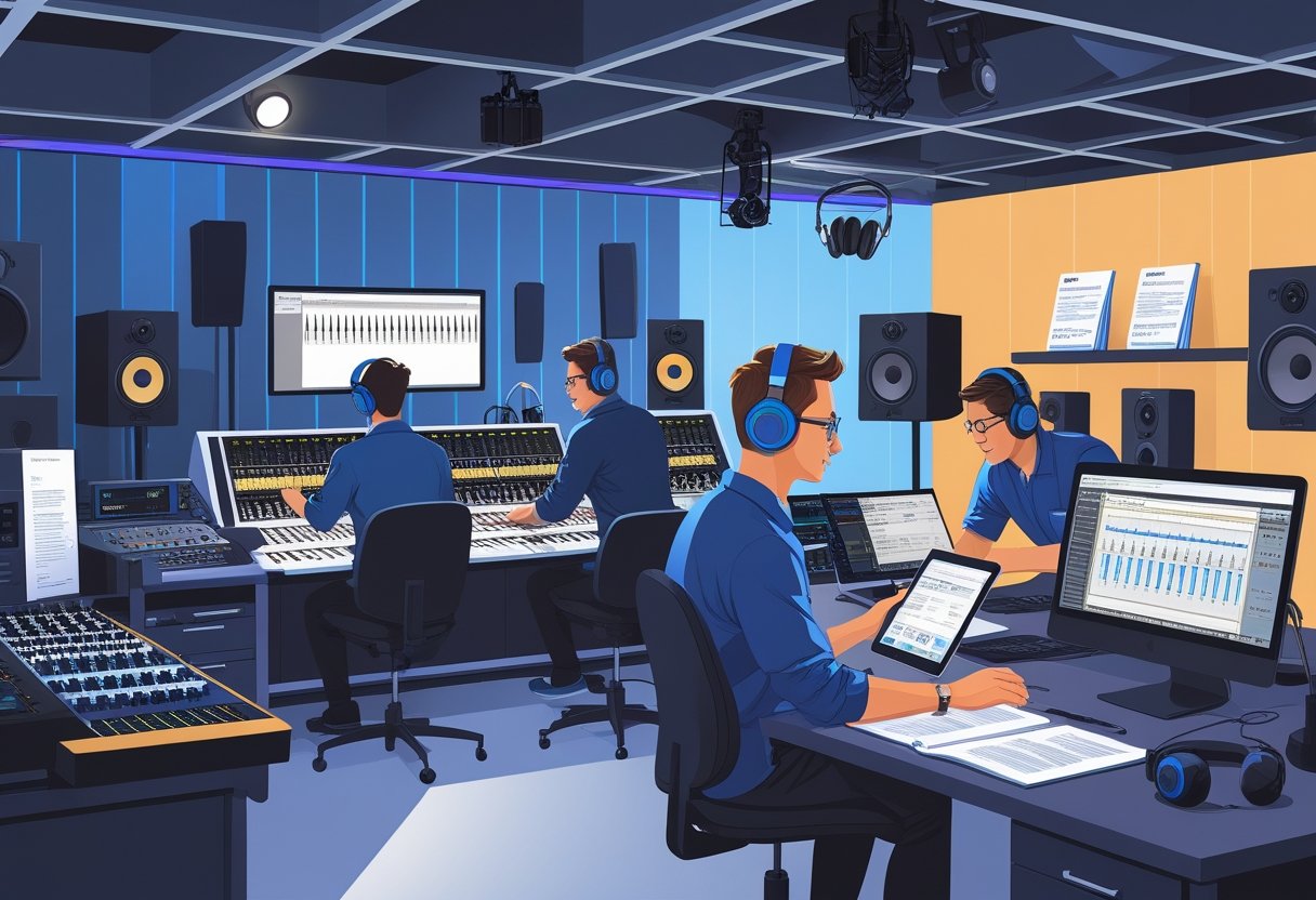 A group of audio engineers working in a recording studio with mixing consoles, computers, headphones, and certification documents.