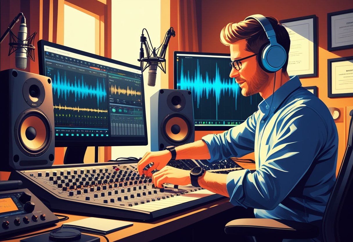 An audio engineer adjusting controls in a recording studio surrounded by audio equipment and certificates.
