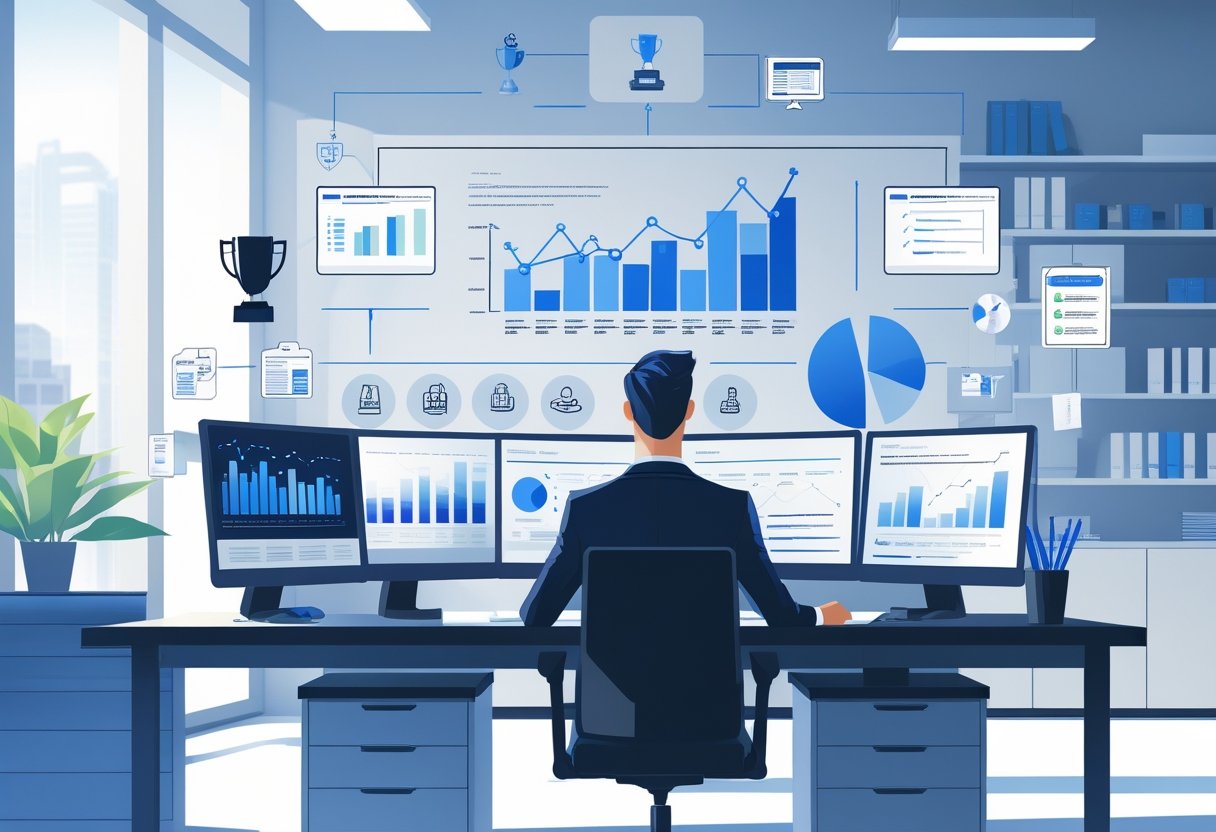 A business analyst working at a desk with multiple screens showing charts and data, surrounded by icons representing achievements and experience in a modern office.