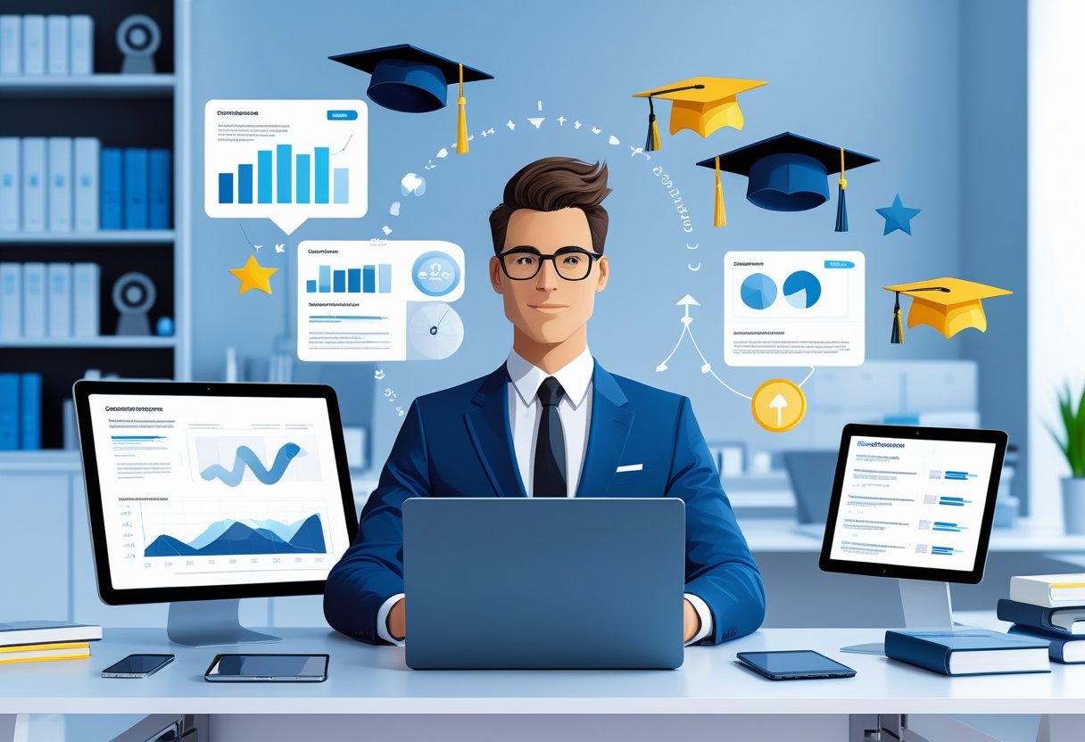 A business analyst working at a desk with digital devices displaying charts and resumes, surrounded by icons representing education and career growth in a modern office.