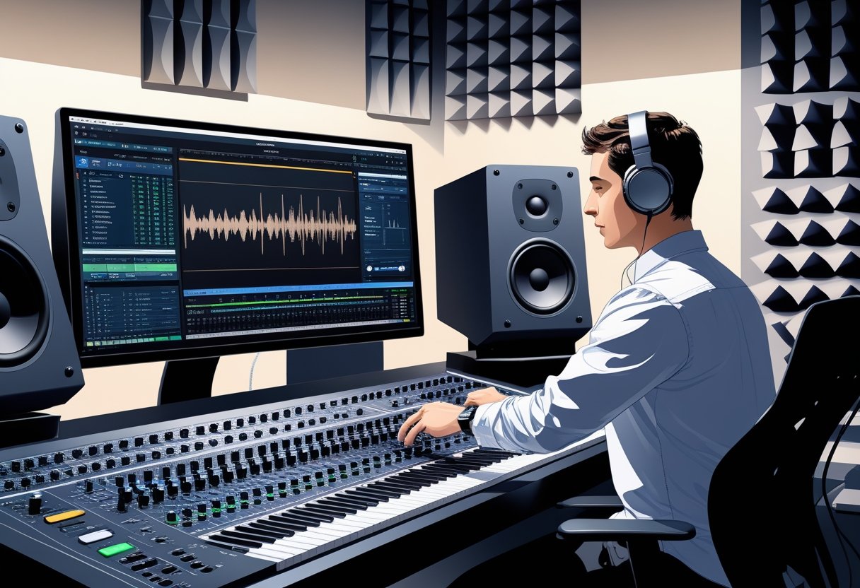 An audio engineer working at a mixing console with studio monitors and a computer displaying audio waveforms in a soundproofed studio.
