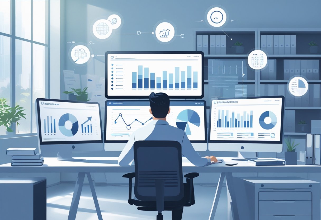 A business analyst working at a desk with multiple monitors showing charts and graphs in a modern office.