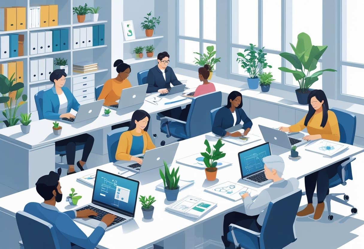 A group of freelancers working together at desks with laptops and documents in a bright office.