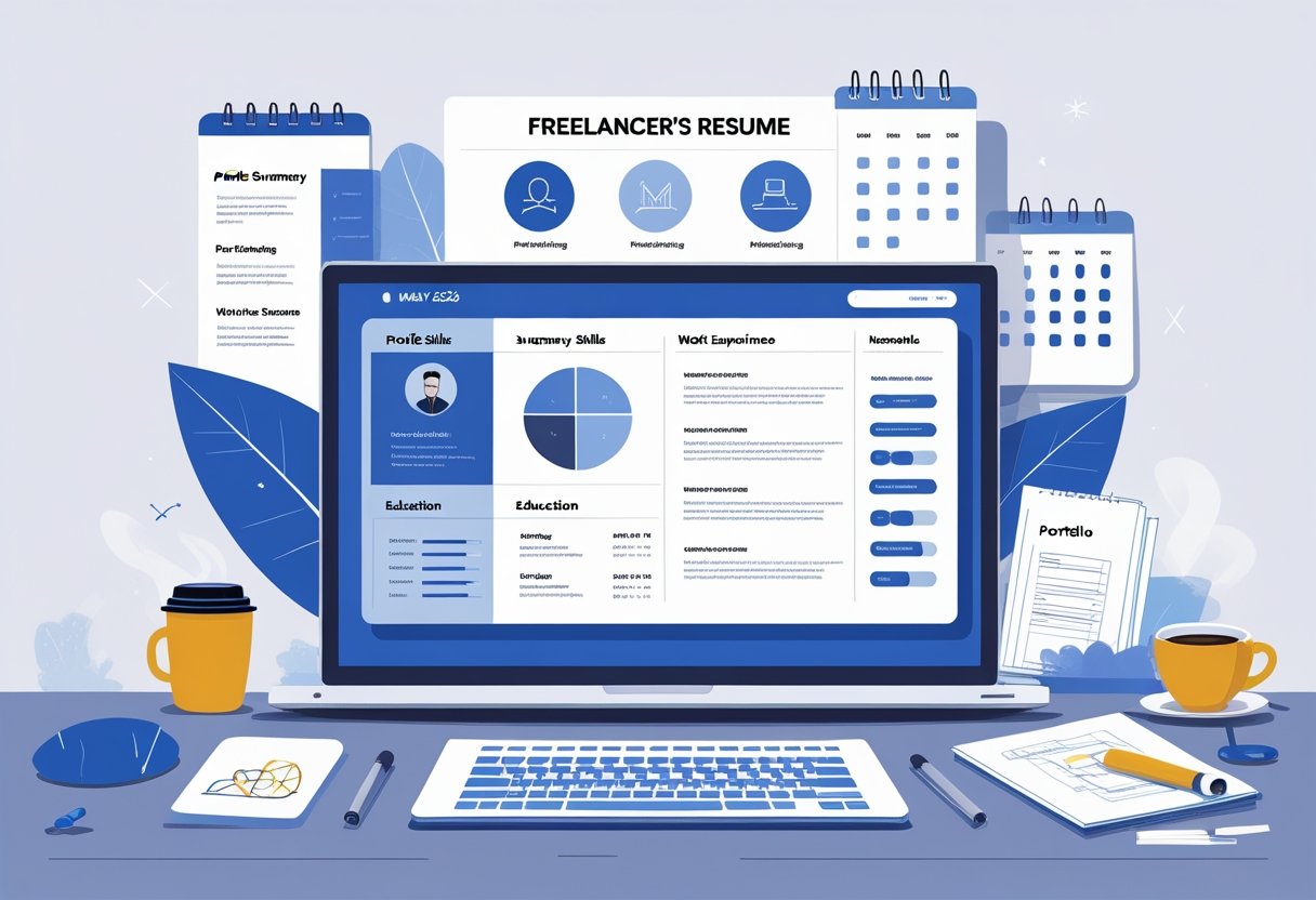 A workspace with a laptop showing a neatly organized freelancer resume layout, surrounded by icons representing various freelance skills and a calendar marked May 2025.