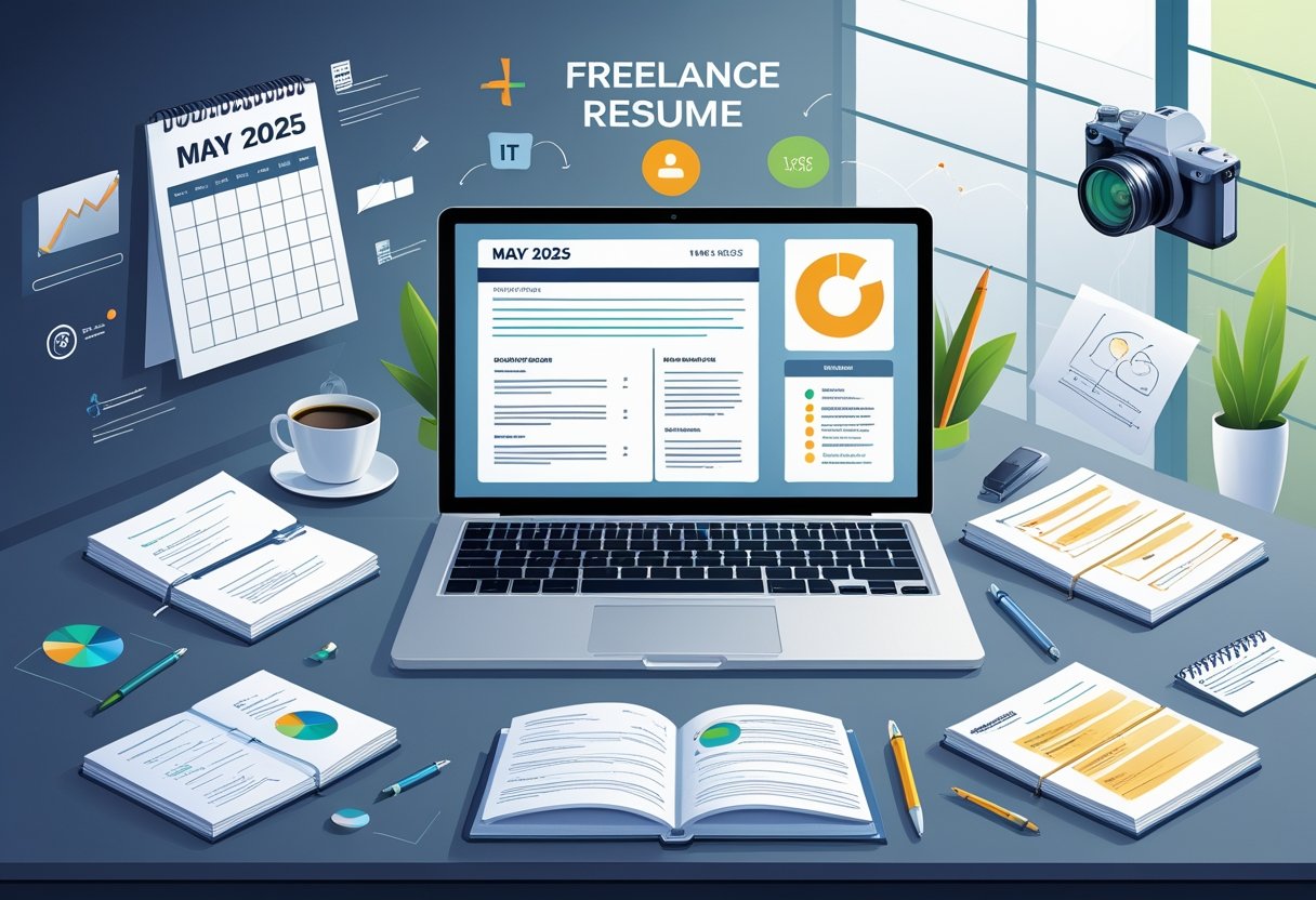 A workspace with a laptop, notebooks, coffee cup, and floating icons representing different freelance professions, with a calendar showing May 2025 in the background.