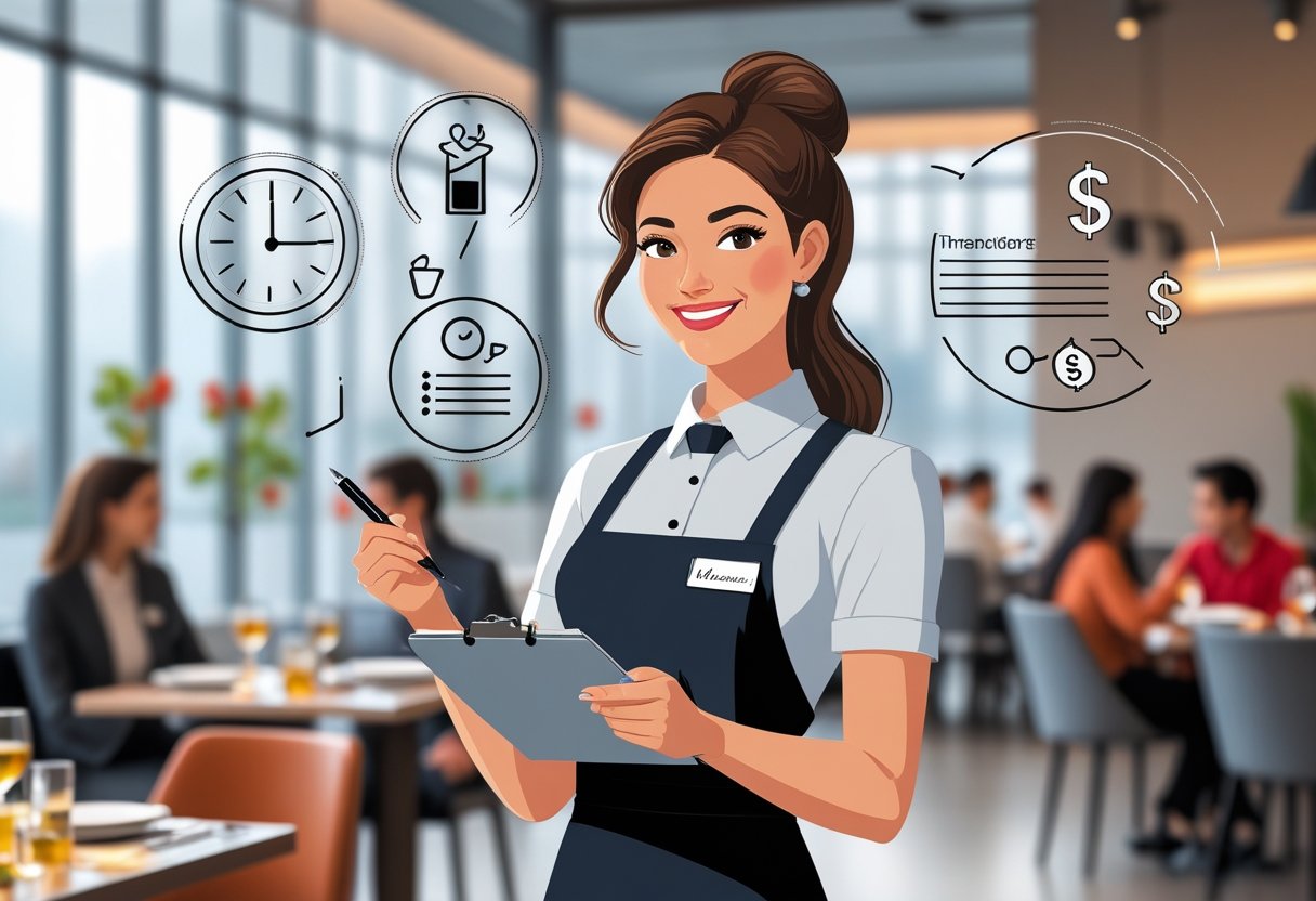 A waitress in uniform smiling and taking an order from customers in a restaurant, with icons representing skills like communication and time management around her.