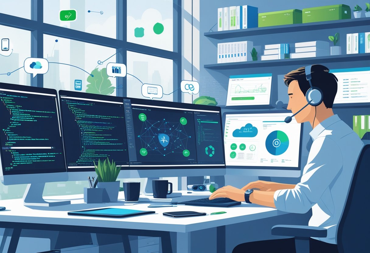 25 IT Support Resume Examples - May 2025: Latest Templates and Expert Tips 1 A person wearing a headset working at a desk with multiple computer screens showing technical information in an office setting.