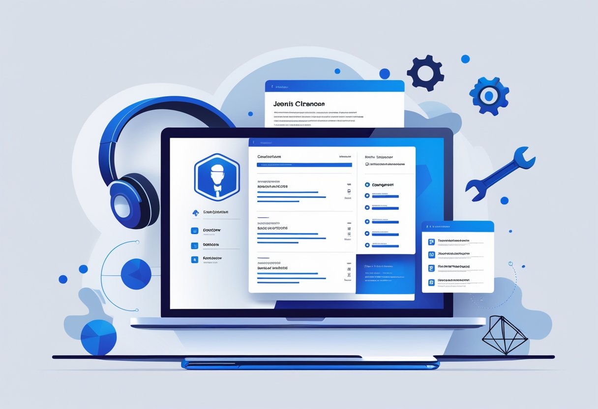 A modern workspace with a laptop showing a well-organized IT support resume surrounded by icons representing IT support tools and concepts.