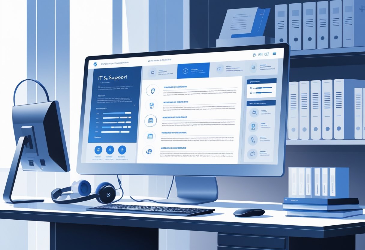 A modern workspace with a computer displaying a digital resume layout, surrounded by IT support tools like a headset and smartphone.