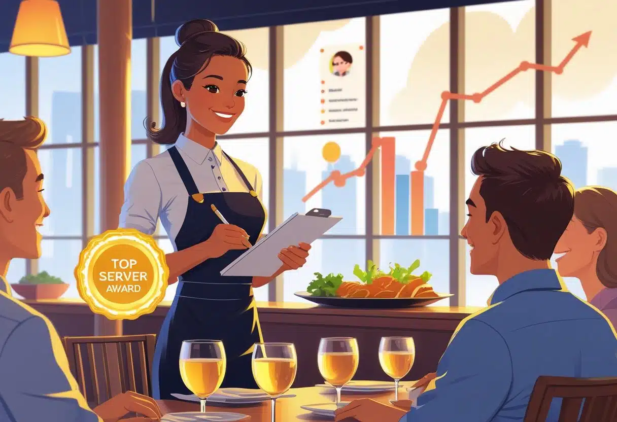 How To Make Waitressing Sound Good On A Resume: Key Skills and Effective Descriptions 2 A waitress taking an order from customers at a restaurant table, with symbols of achievement and professionalism around her.