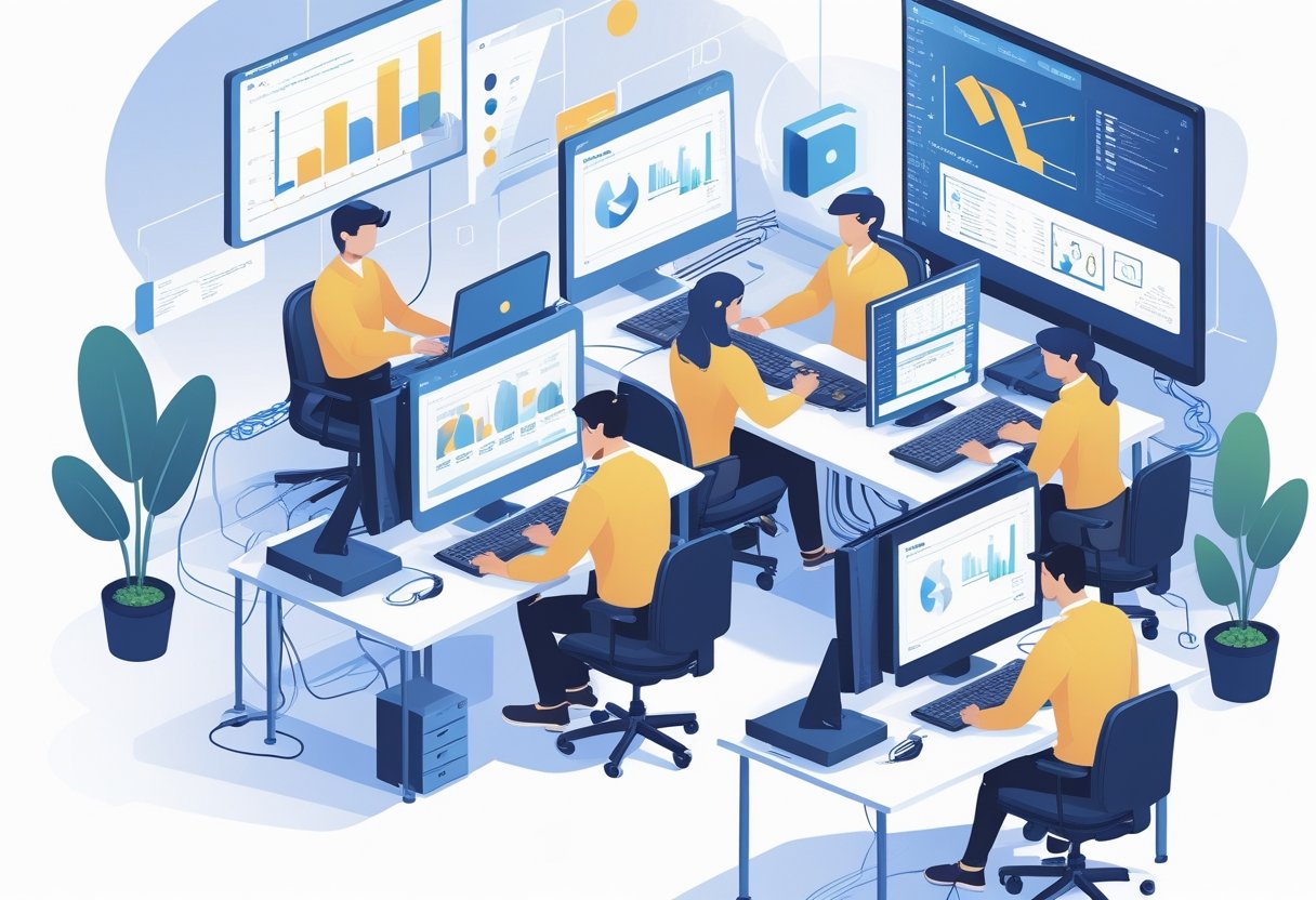 A group of IT support professionals working together in a modern office with computers and tech equipment.