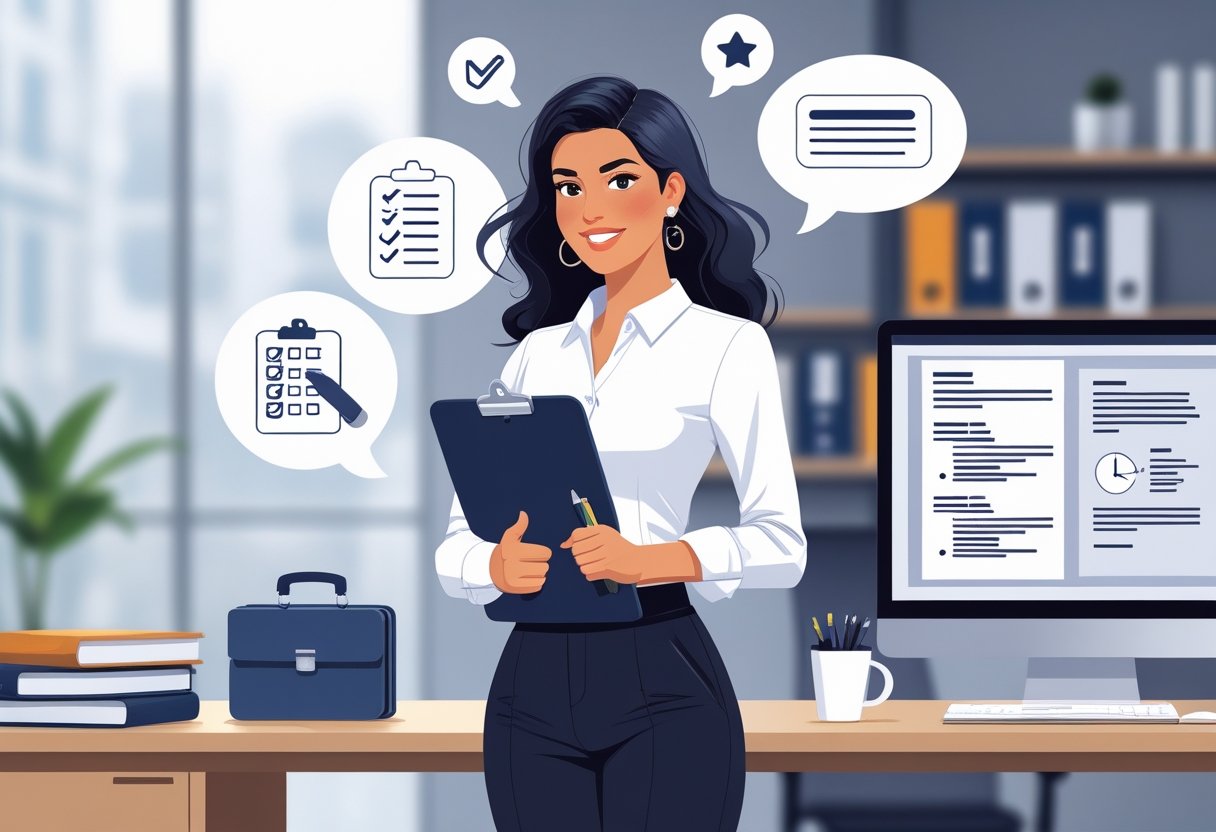 A young woman in business attire holding a clipboard in an office setting with icons representing job skills floating around her.