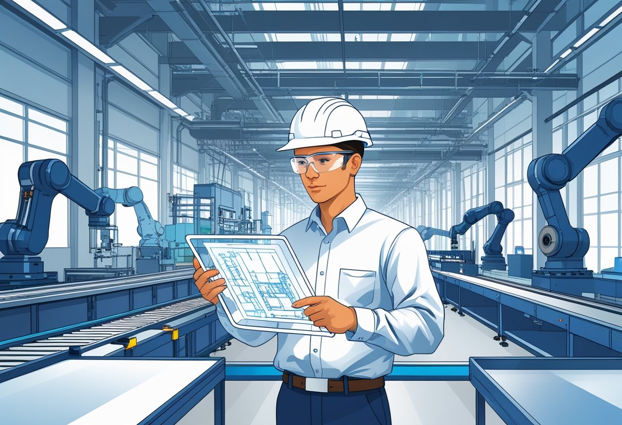 An industrial engineer wearing safety gear reviews blueprints and digital schematics in a modern factory with machinery and robotic arms operating around them.