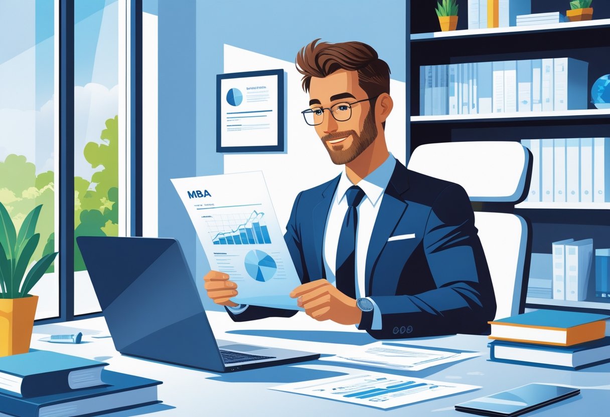 How to Put an MBA On Your Resume Tips for Effective Placement and Presentation 1 A businessperson at a desk reviewing a resume with a diploma on the wall and business books in the background.
