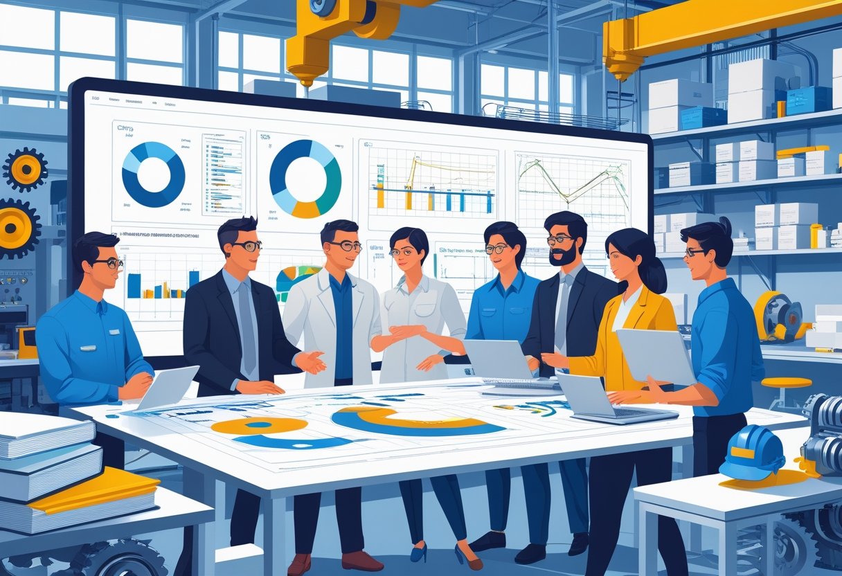 A group of engineers working together around a table with blueprints and digital devices in a bright office filled with engineering tools and machinery diagrams.