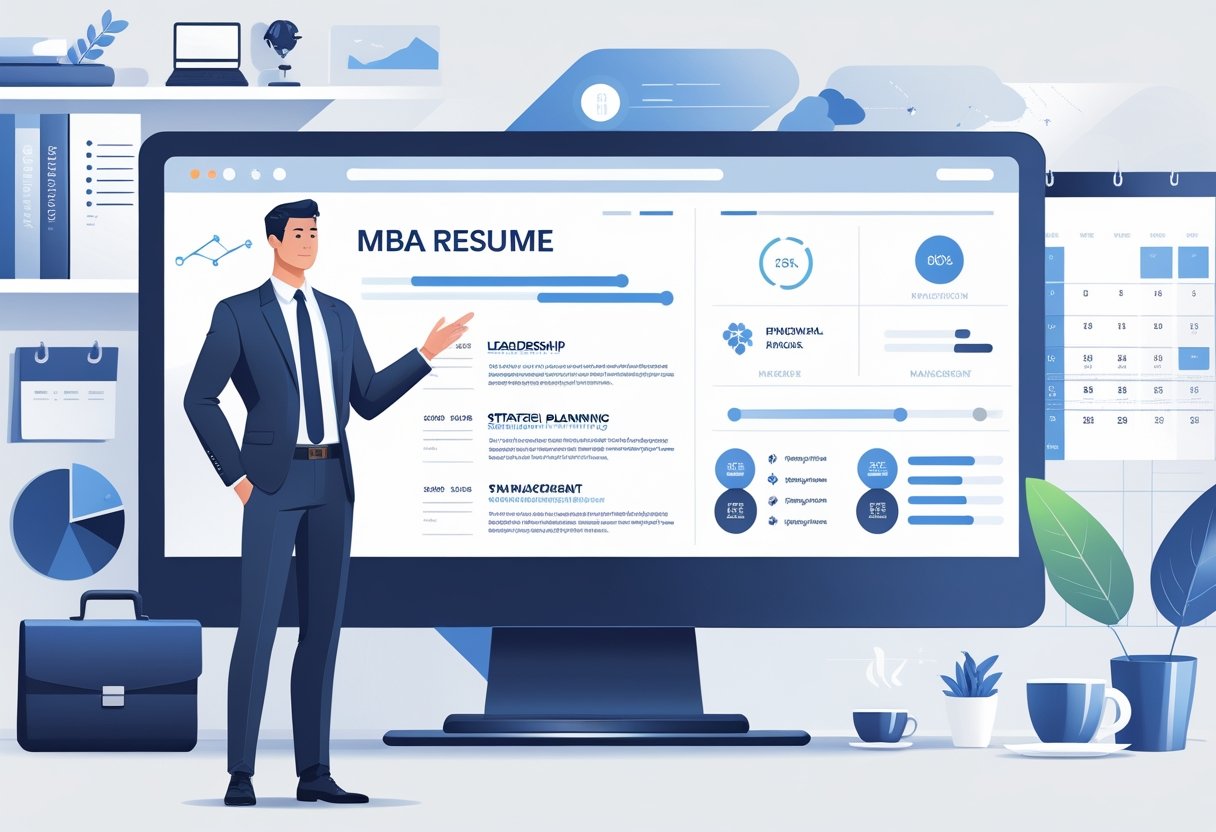 A business professional standing next to a large digital resume highlighting MBA skills and work experience in a modern office setting.