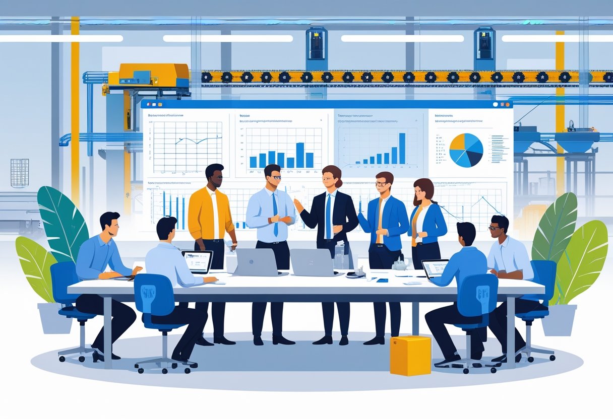 A group of engineers collaborating around a table with blueprints and digital devices in a modern industrial workspace with machines and charts in the background.