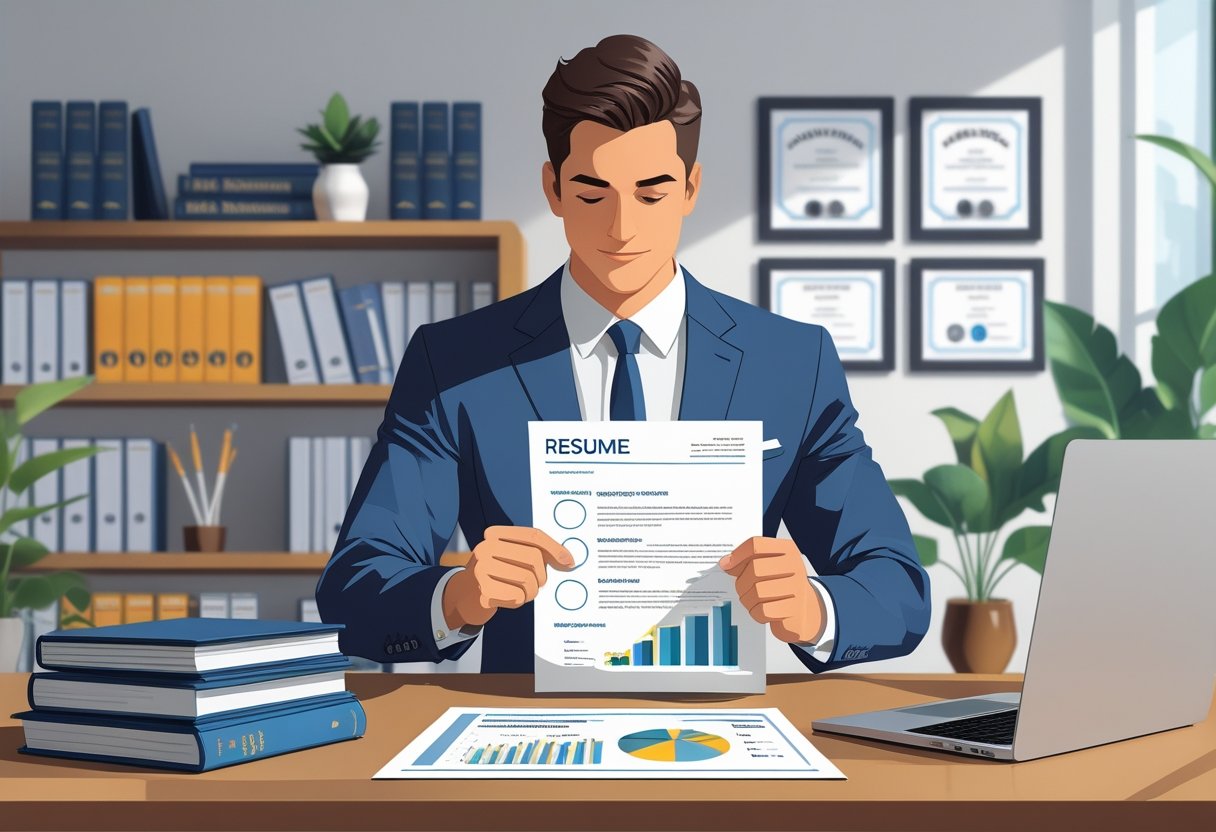 A business professional in an office reviewing a resume and MBA diploma on a desk surrounded by books, a laptop, and certificates.