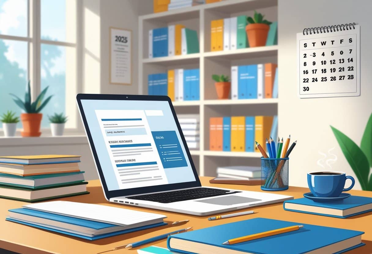 A teacher's workspace with a desk, laptop, books, and educational materials in a bright room.