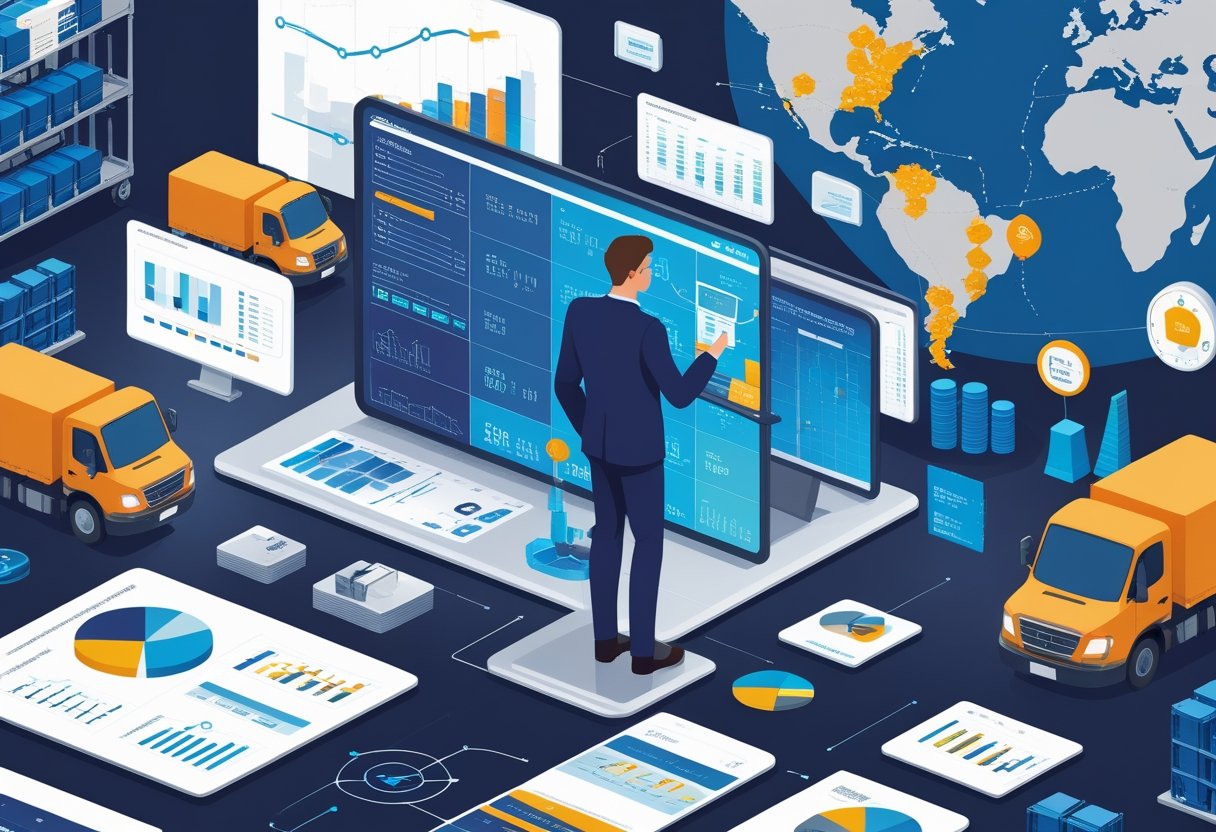 10 Logistic Manager Resume Examples & Guide for 2025: Expert Tips for Landing Your Next Role 1 A logistics manager working at a desk with digital screens showing shipment schedules and a world map with delivery routes, surrounded by symbols of logistics like trucks and containers.
