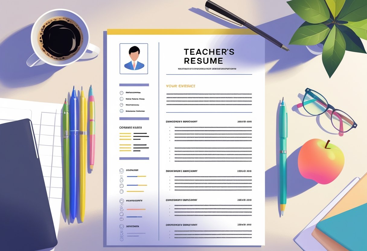 A neatly arranged teacher's resume on a desk surrounded by glasses, coffee, pens, a notebook, and an apple.