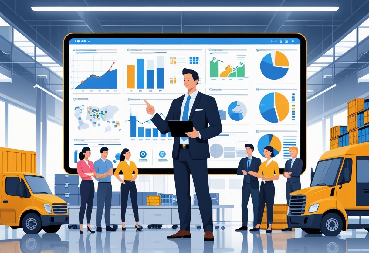 A logistic manager leading a team in an office with charts, delivery trucks, and warehouse elements in the background.